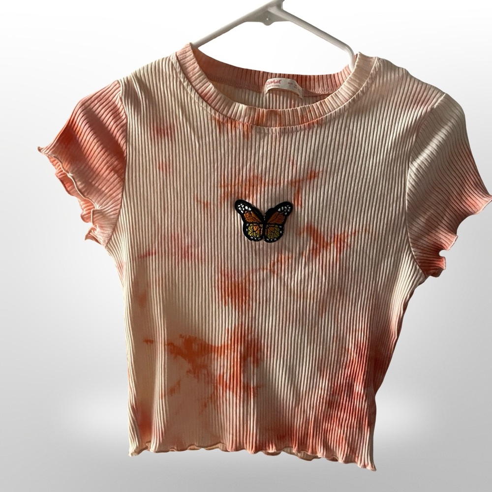 Romwe Tie-Dye Butterfly Top Size Medium  Ribbed Lettuce Hem Slim Fit Y2K Style